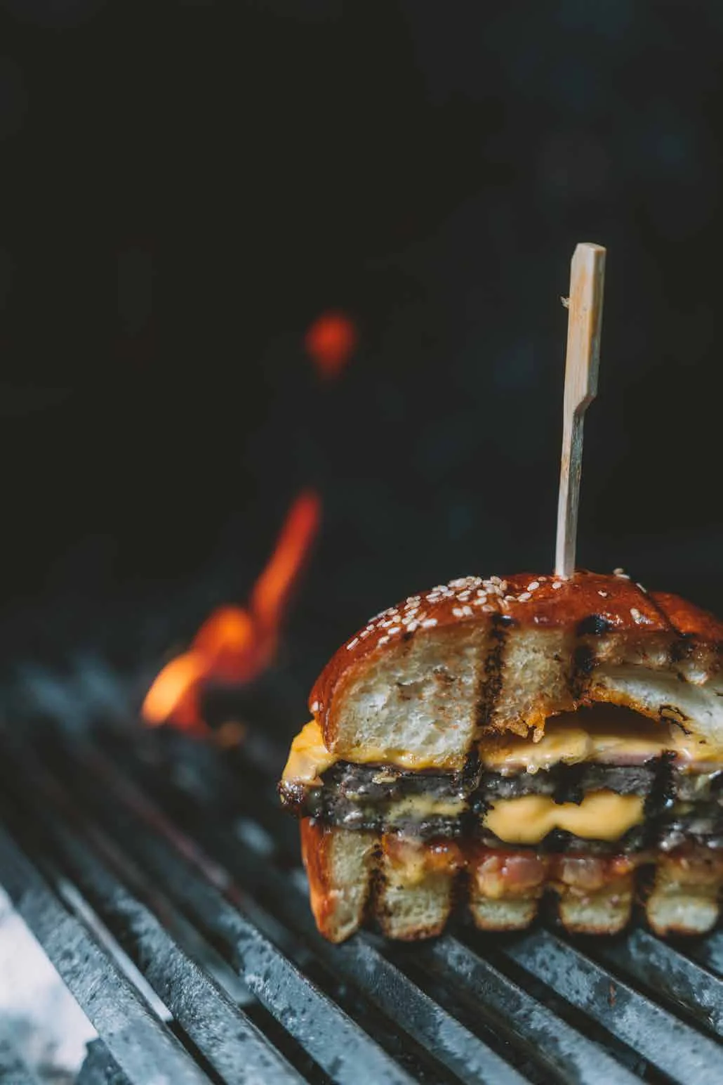 Burger photographed at the grill