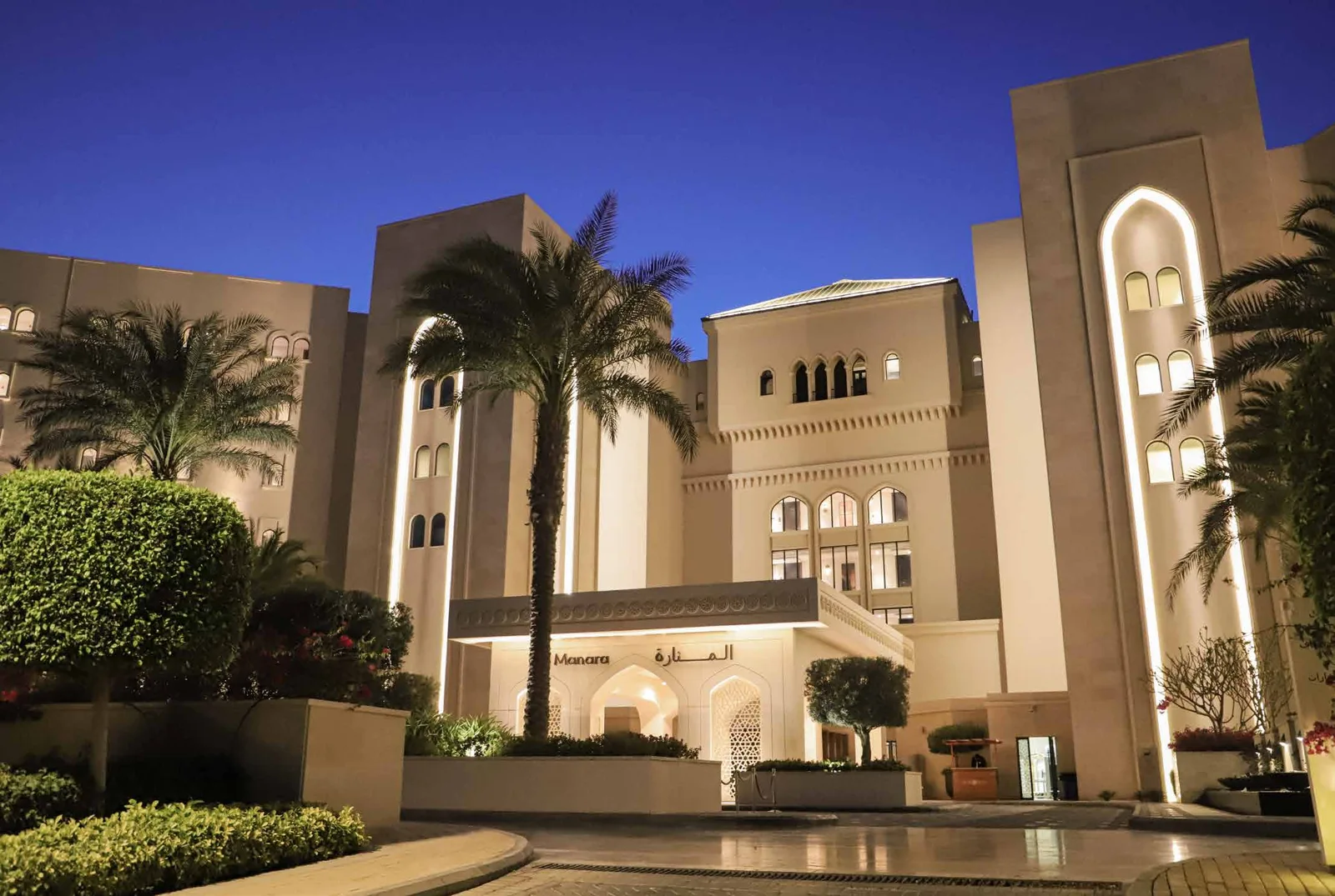 Hotel facade at dusk